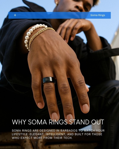 A close-up, high-fashion lifestyle shot of a hand wearing a sleek black smart ring, emphasizing style and intelligence.